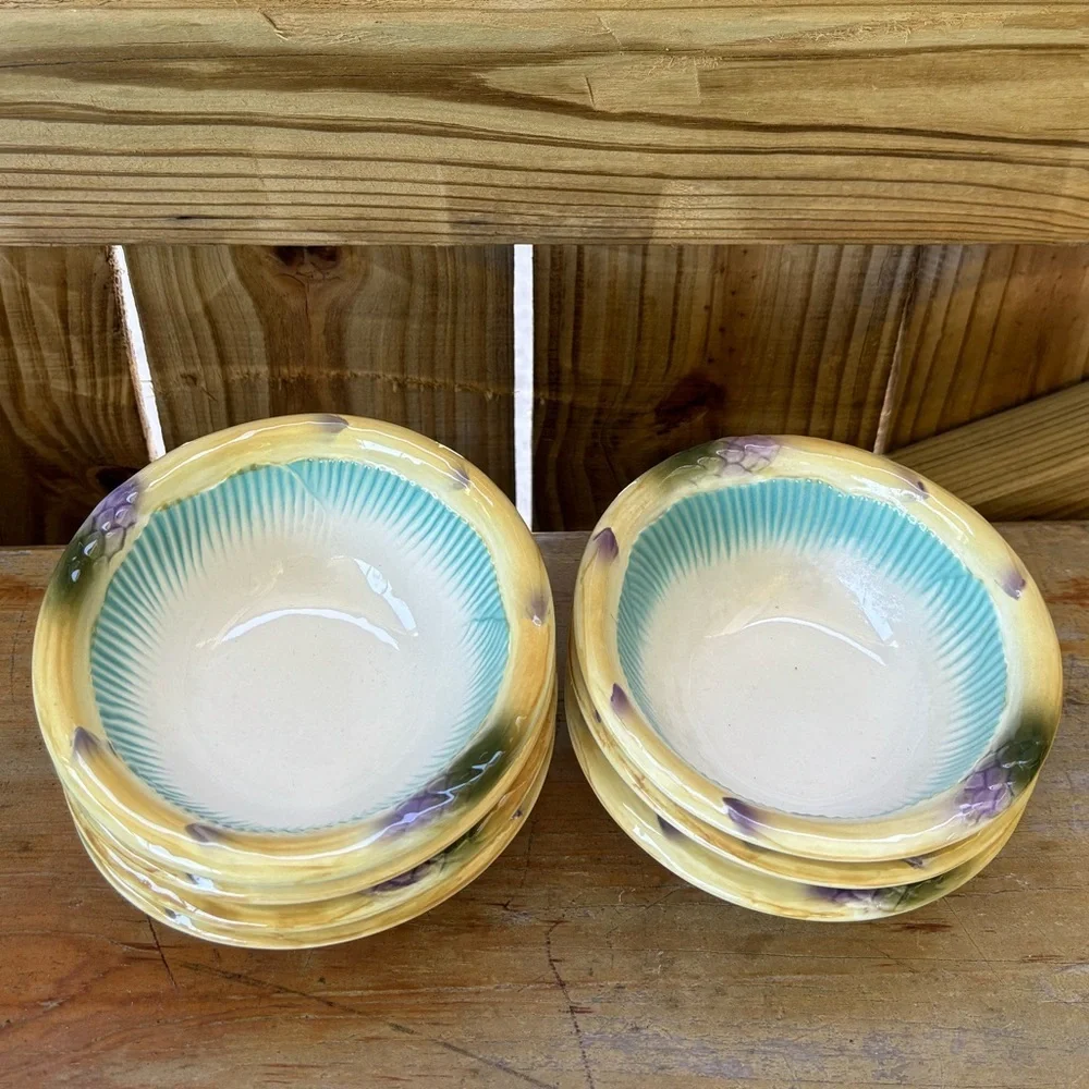 Set of 7 Williams Sonoma Asparagus Rim Majolica Style Dessert Bowls 5 3/8”
